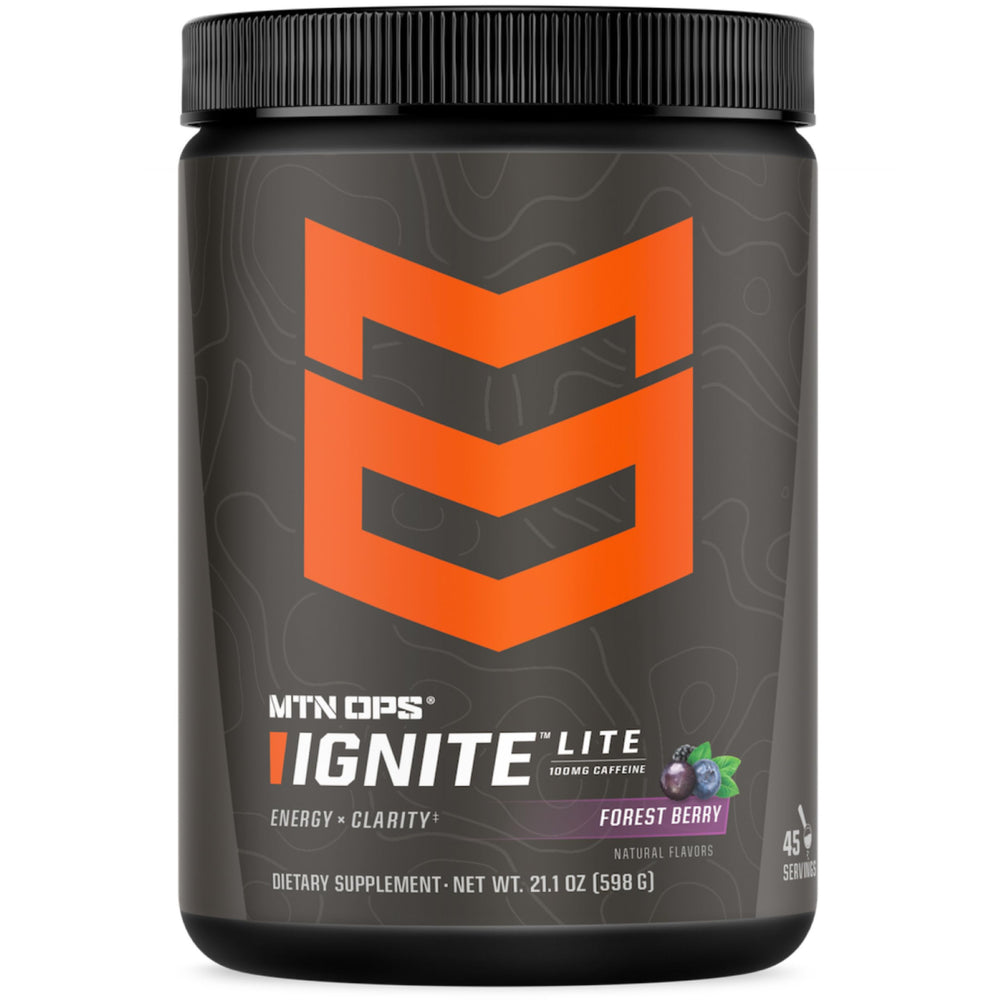 MTN OPS Ignite Lite energy powder tub for a gluten-free daily boost