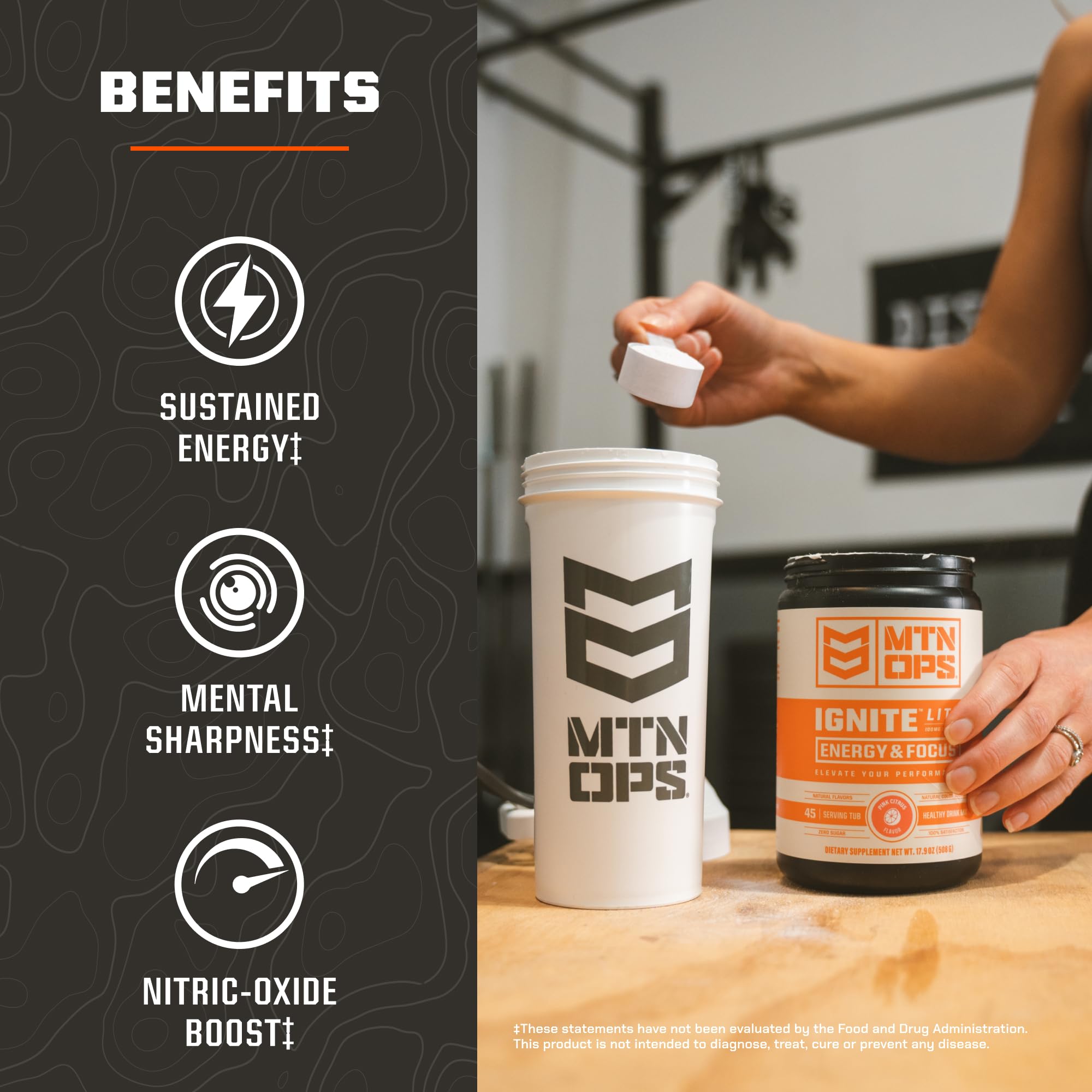 MTN OPS Ignite Lite packaging close-up showing ingredients and gluten-free label