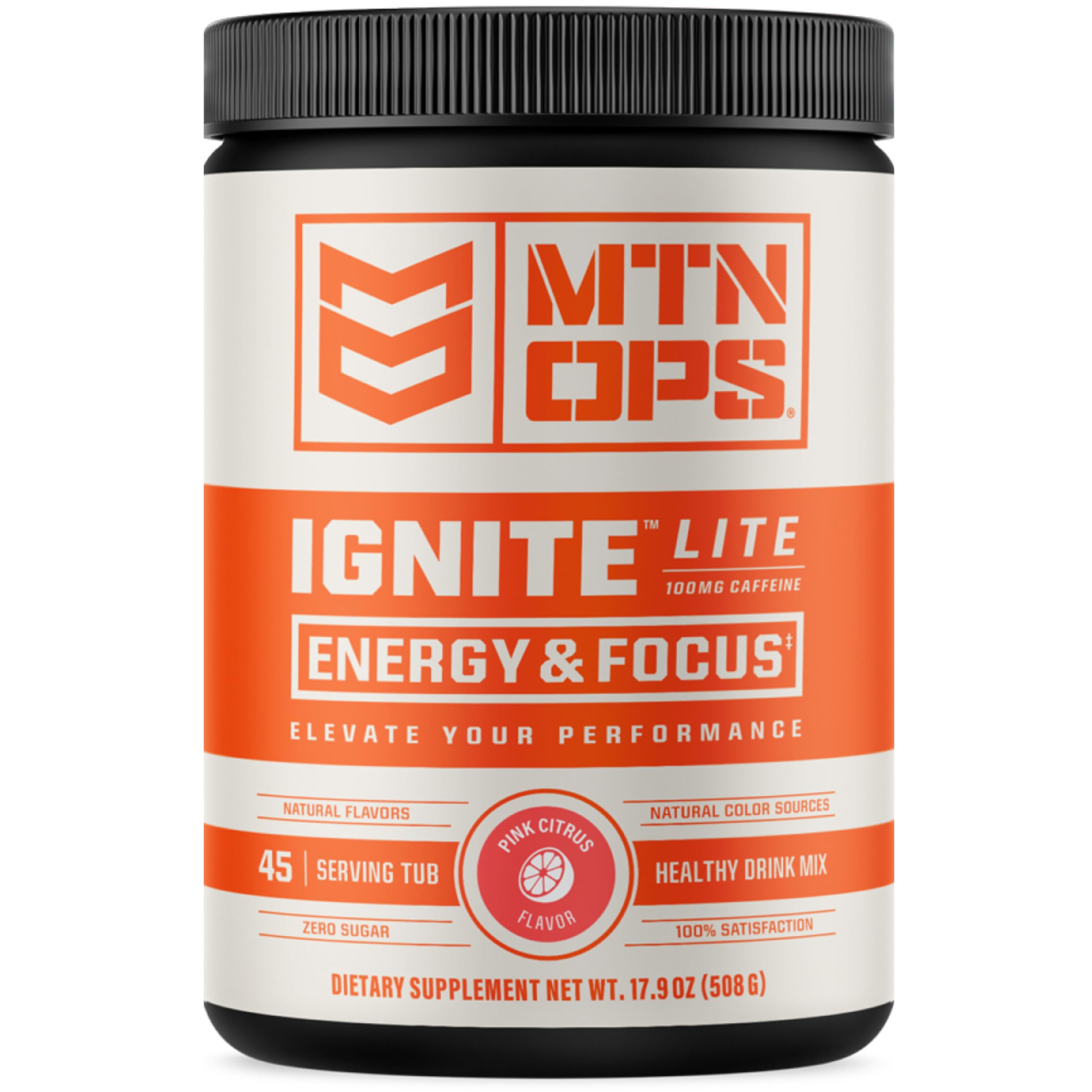 MTN OPS Ignite Lite pink citrus bottle ready for a workout energy boost