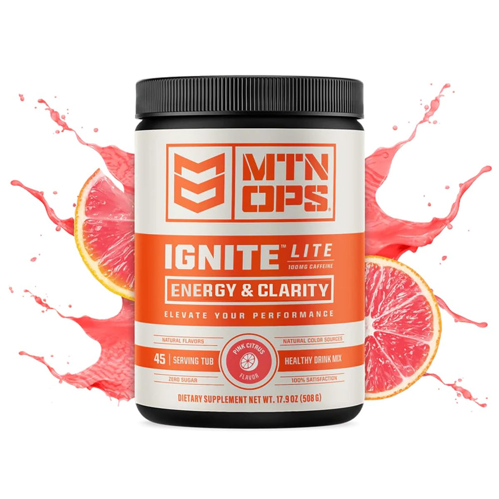 MTN OPS Ignite Lite scoop in glass highlighting zero sugar formula