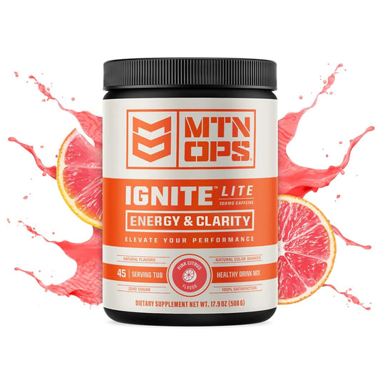 MTN OPS Ignite Lite scoop in glass highlighting zero sugar formula