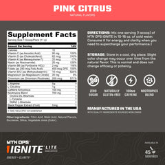 MTN OPS Ignite Lite pink citrus served in water for pre-workout focus