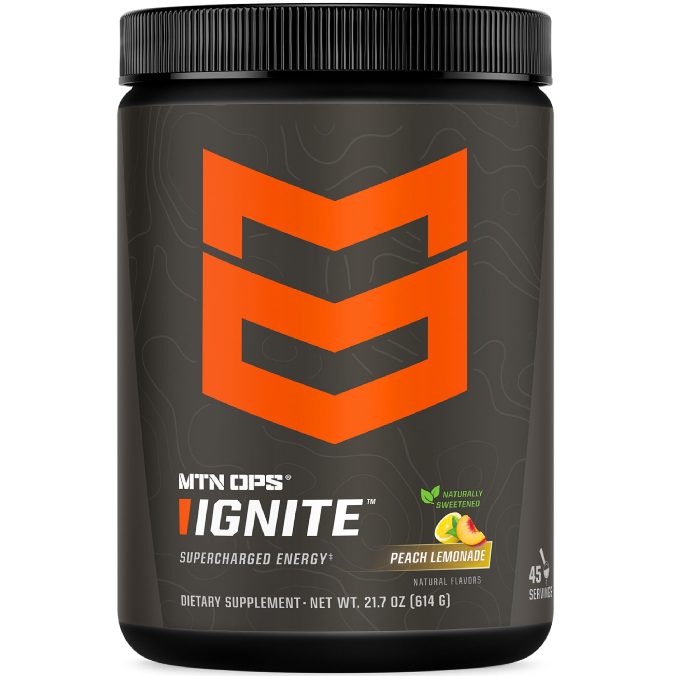 MTN OPS Ignite peach lemonade tub showing the product and flavor profile for a refreshing energy option