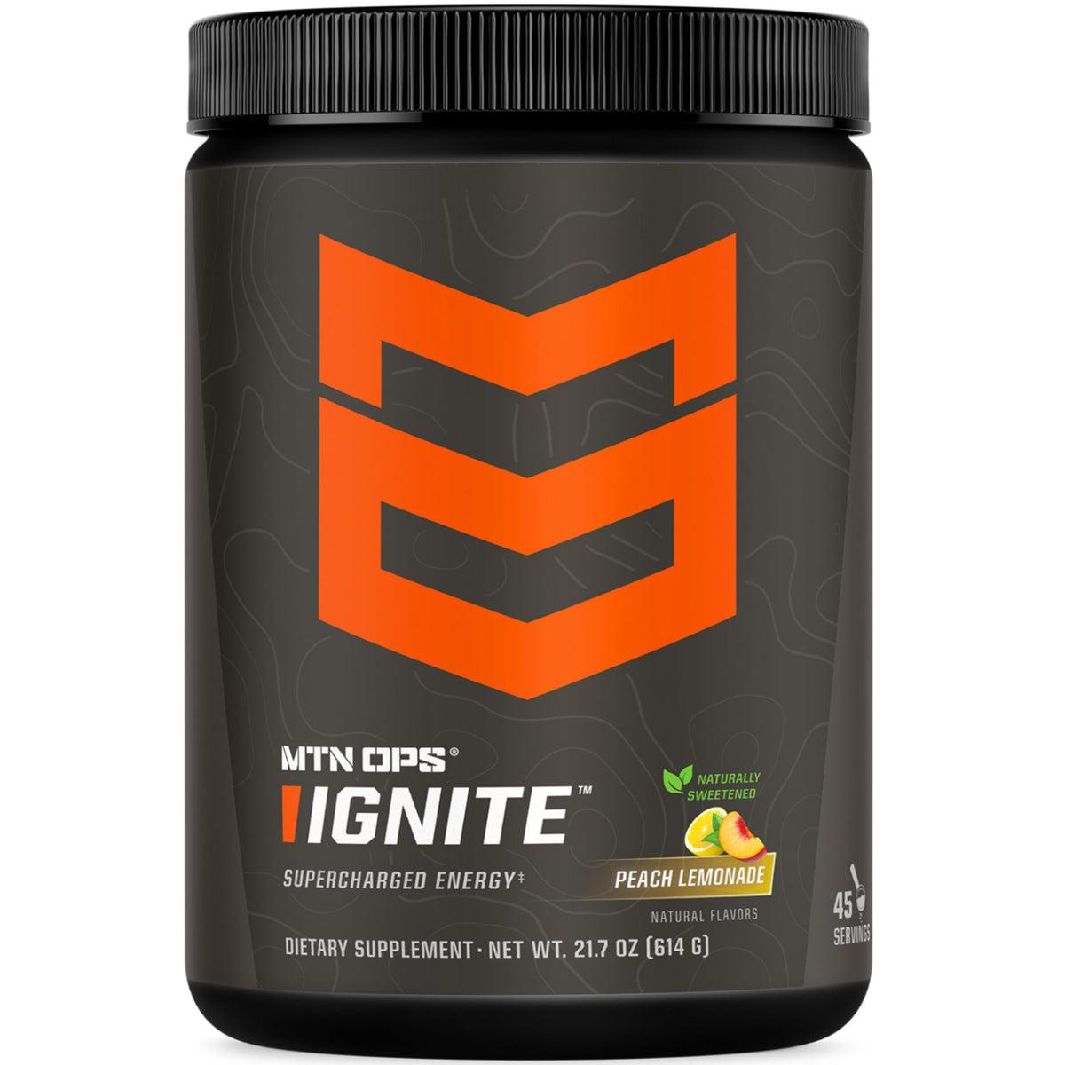 MTN OPS Ignite peach lemonade tub showing the product and flavor profile for a refreshing energy option