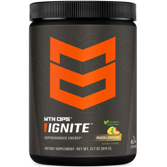MTN OPS Ignite peach lemonade tub showing the product and flavor profile for a refreshing energy option