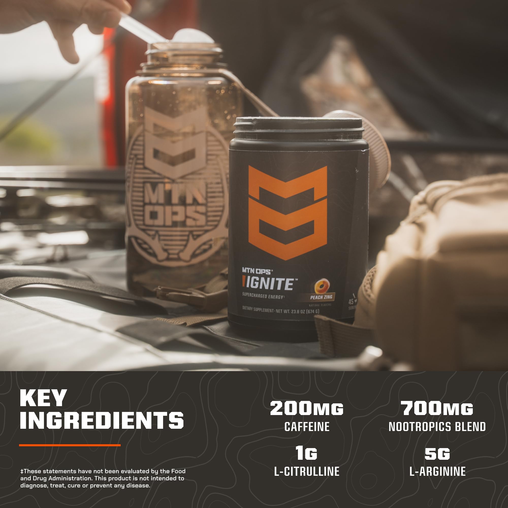 MTN OPS Ignite Peach Zing drink in a glass with peach hues
