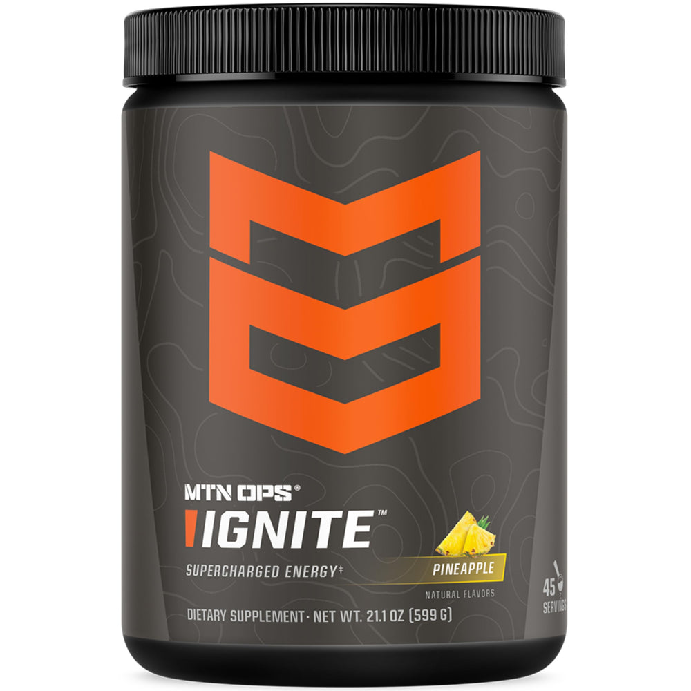 MTN OPS Ignite Pineapple Crush powder packet ready to mix for convenient energy on the go.