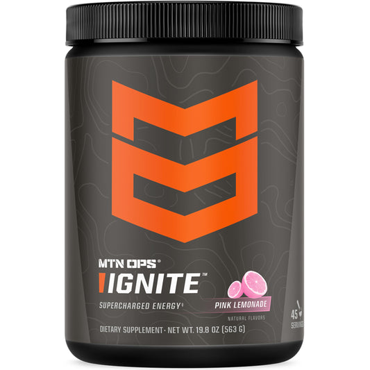 MTN OPS Ignite pink lemonade tub for smooth, lasting energy during workouts.