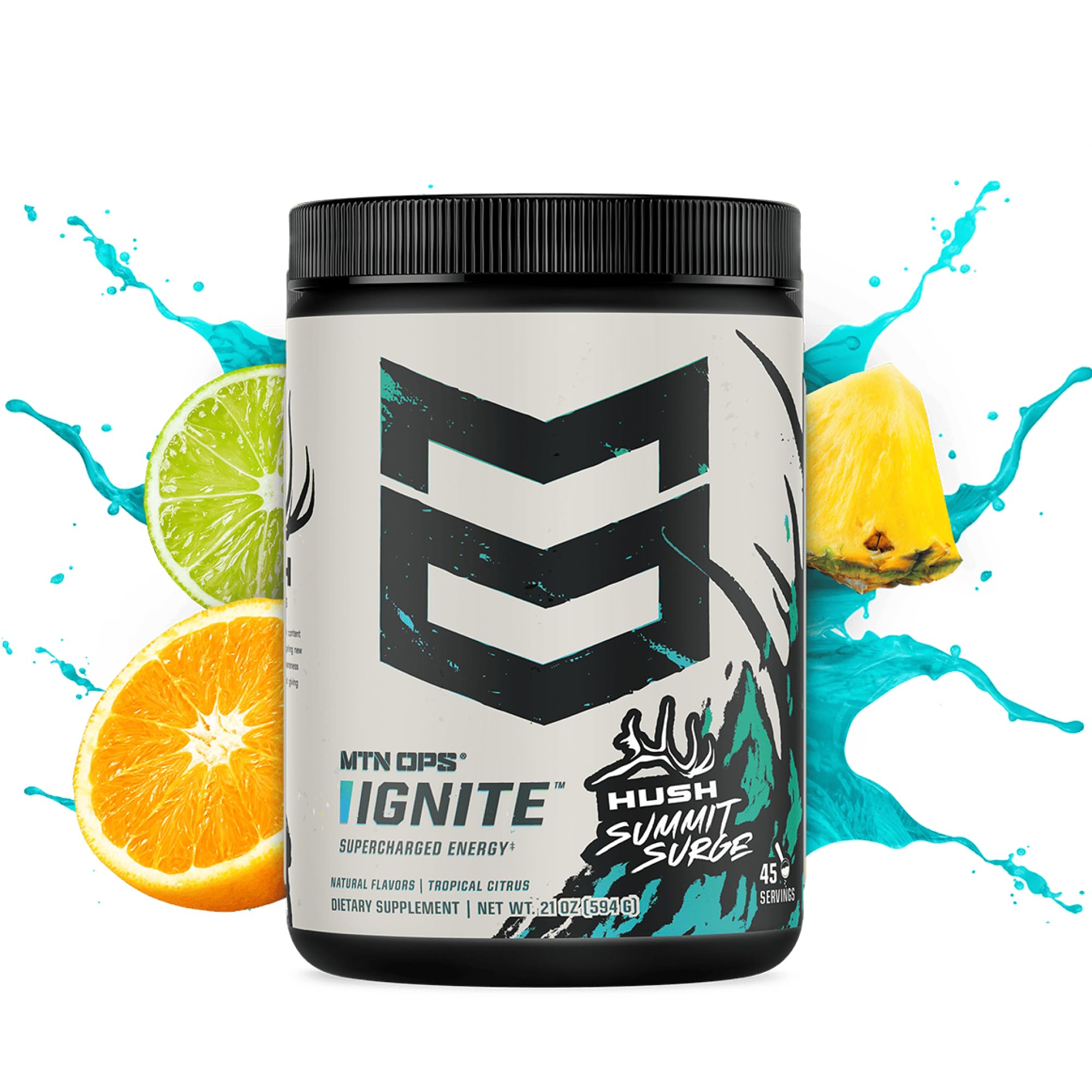 MTN OPS Ignite scoop beside a shaker for quick energy
