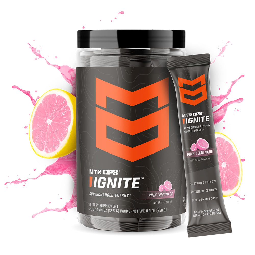 MTN OPS Ignite Trail Packs bottle and powder for trail-ready refreshment