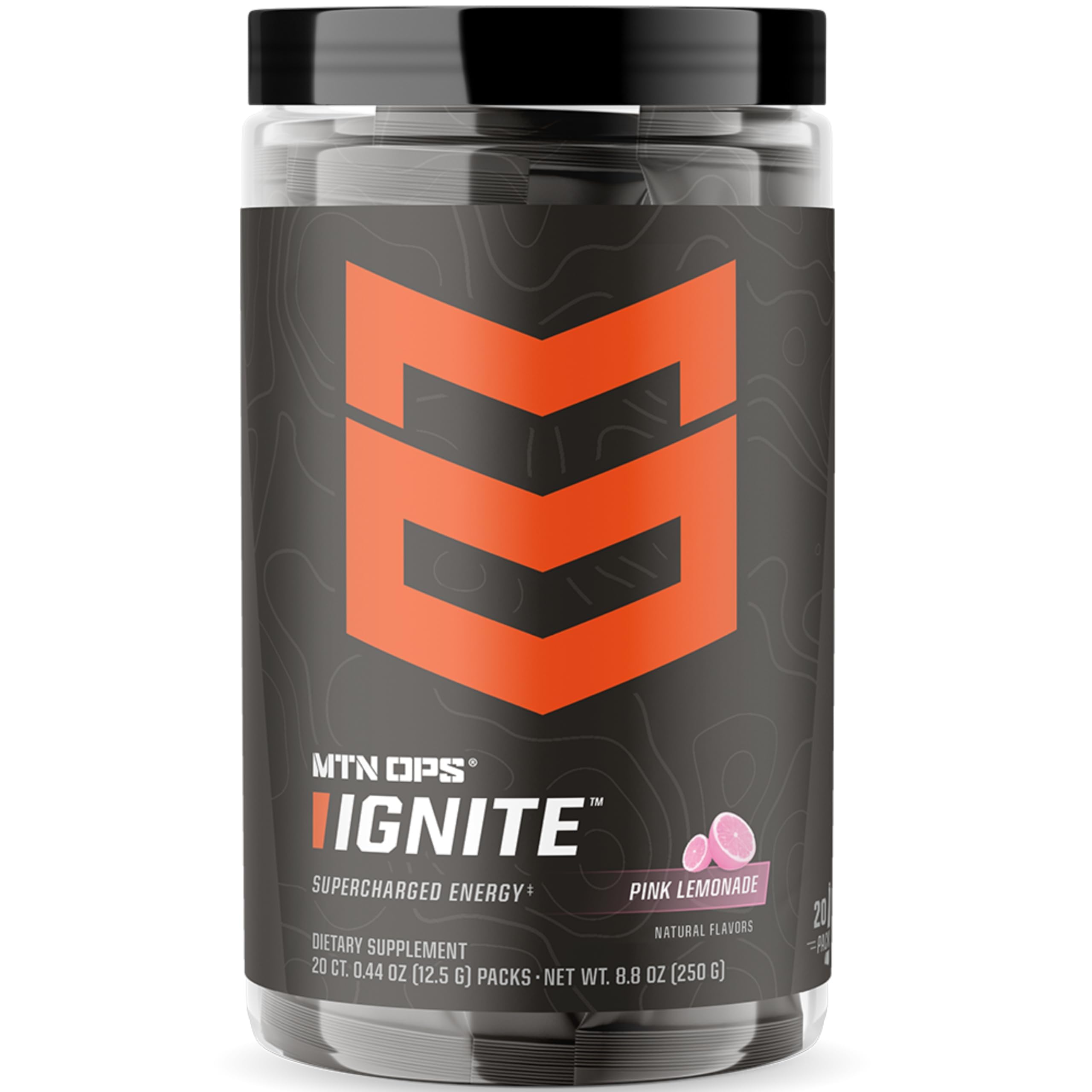 MTN OPS Ignite Trail Packs pink lemonade powder in scoop for on-the-go energy
