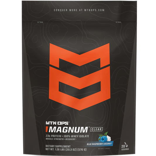 MTN OPS Magnum Clear Whey bottle pouring into glass for post-workout refreshment