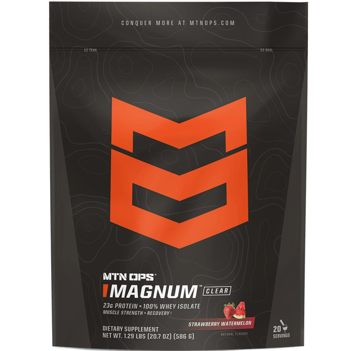MTN OPS Magnum Clear Whey bottle pouring after a workout for quick recovery.