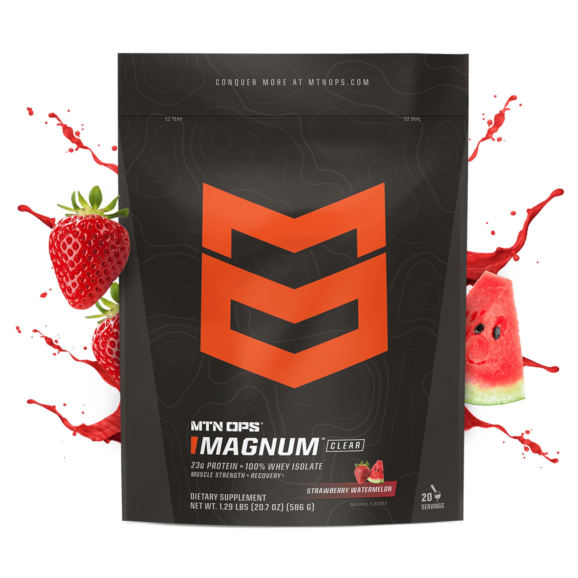 MTN OPS Magnum Clear Whey glass with a mixed, crisp flavor ready to sip.