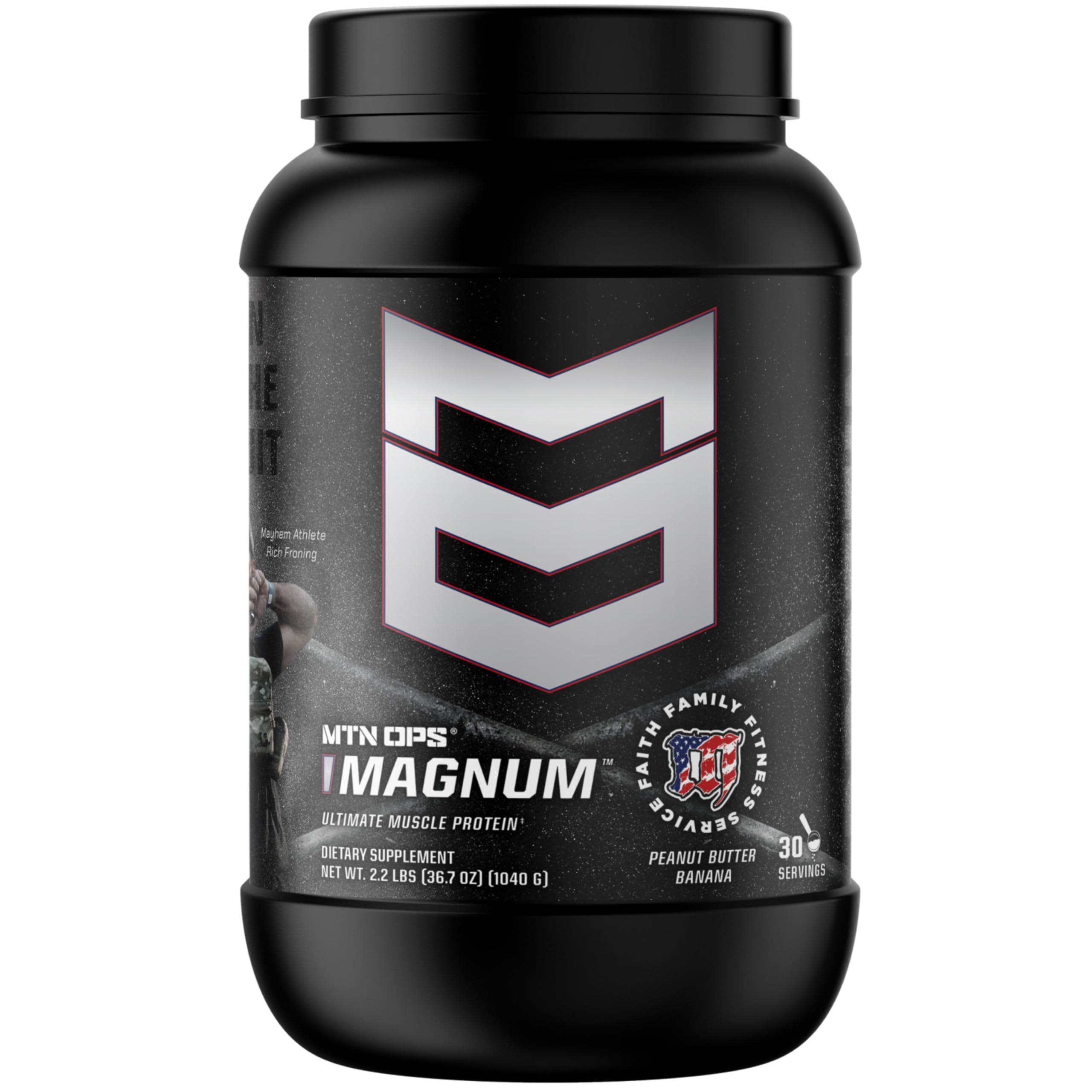 MTN OPS Magnum bottle in Peanut Butter Banana flavor for post-workout recovery