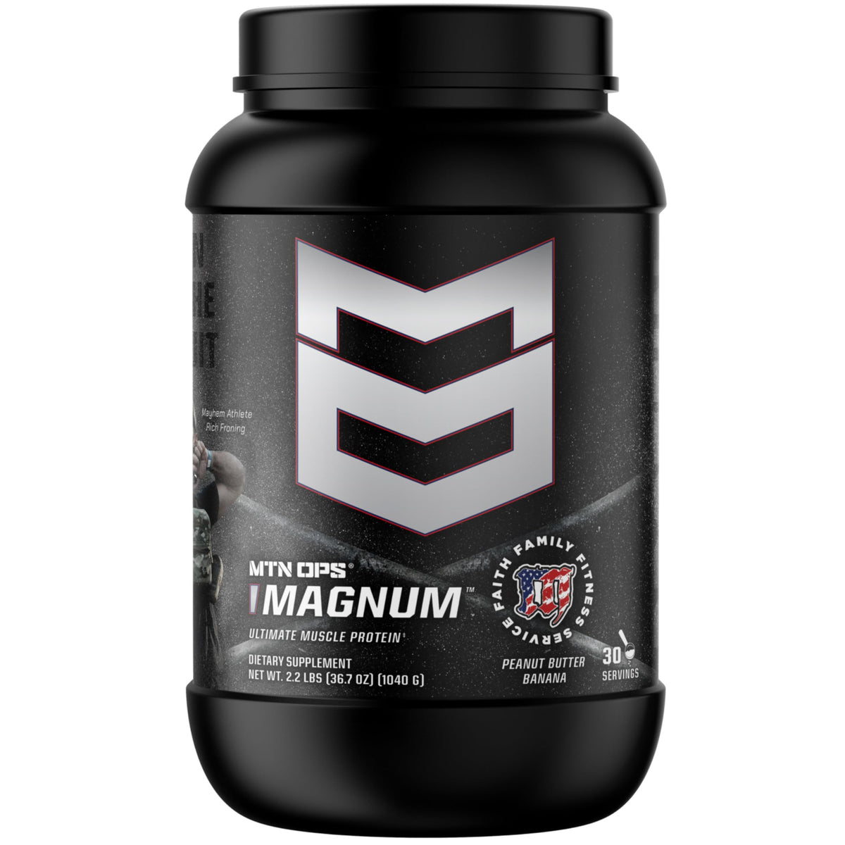 MTN OPS Magnum bottle in Peanut Butter Banana flavor for post-workout recovery