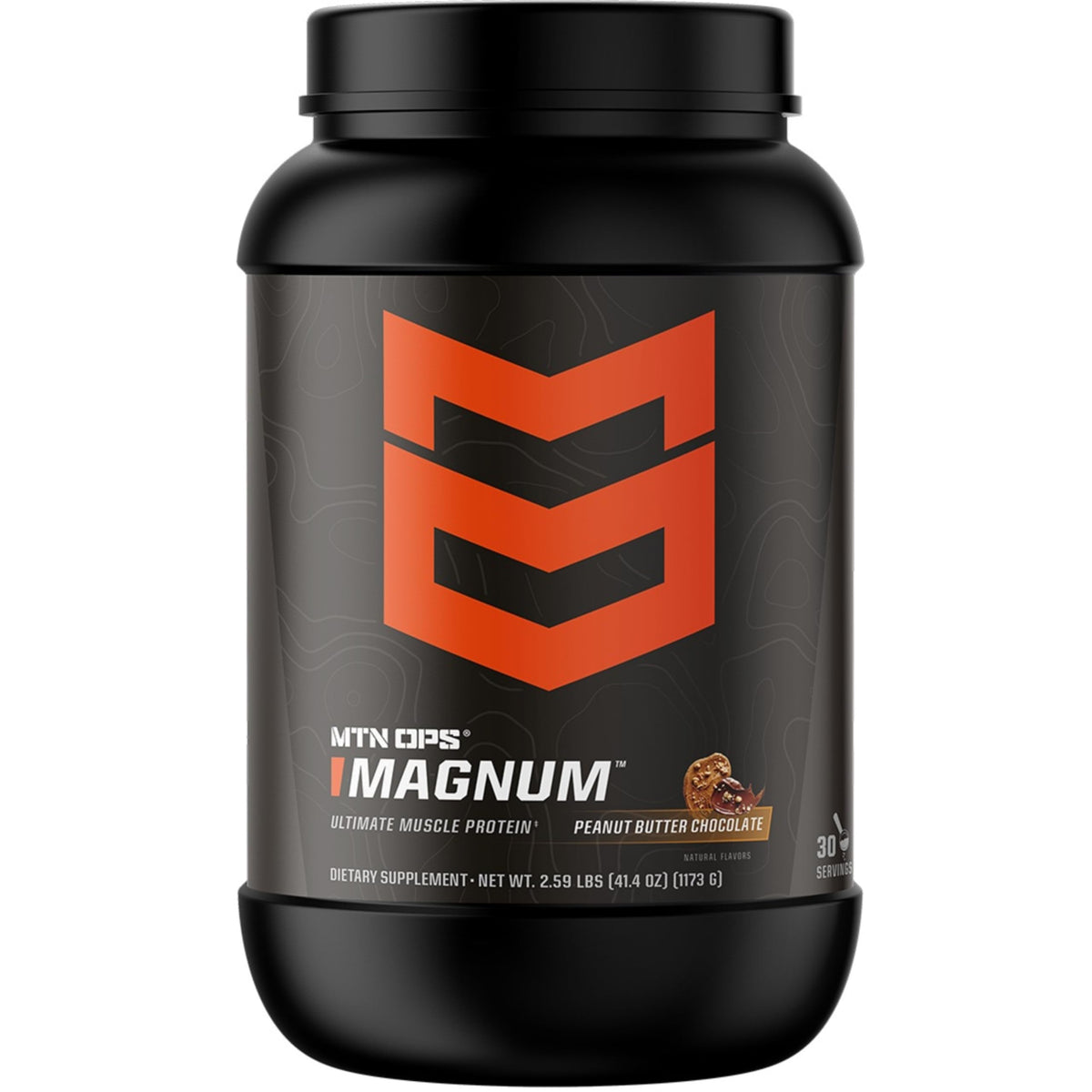 MTN OPS Magnum bottle of peanut butter chocolate protein powder after workout