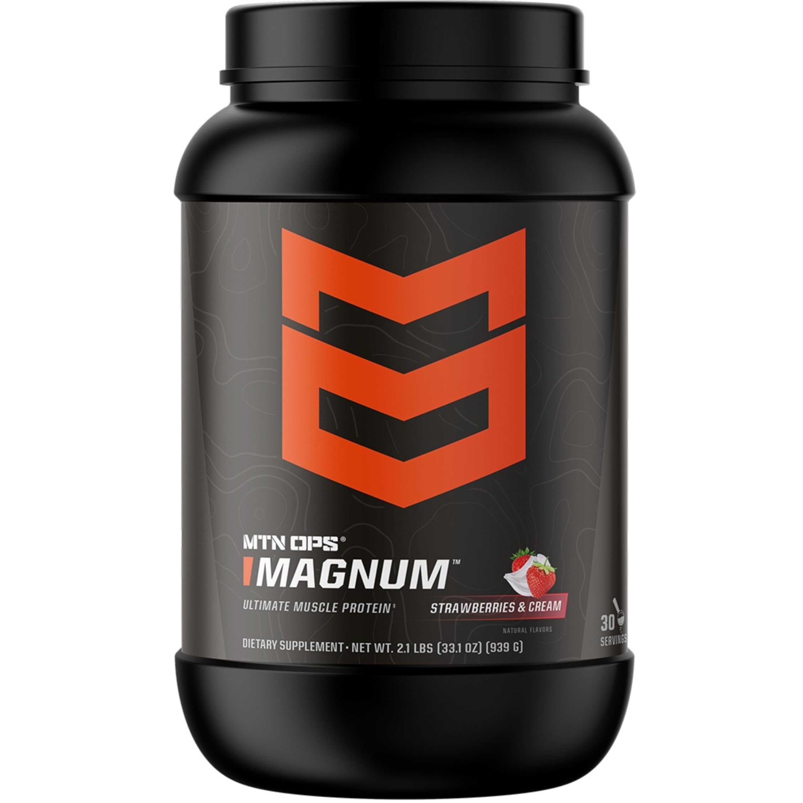 MTN OPS Magnum Strawberry & Cream tub ready for post-workout fueling.