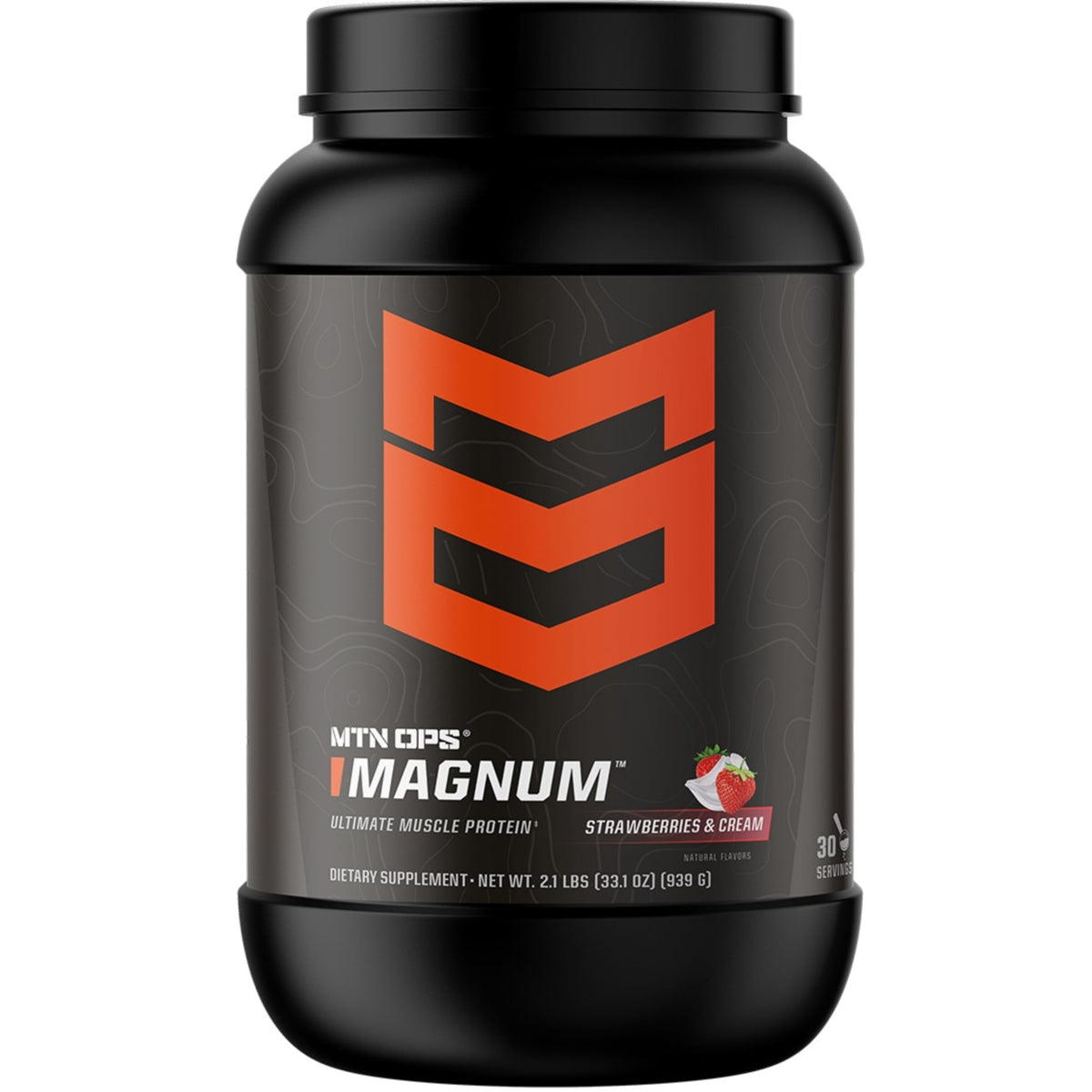 MTN OPS Magnum Strawberry & Cream tub ready for post-workout fueling.