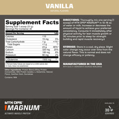 Close-up MTN OPS Magnum Vanilla label emphasizes cold-processed whey.
