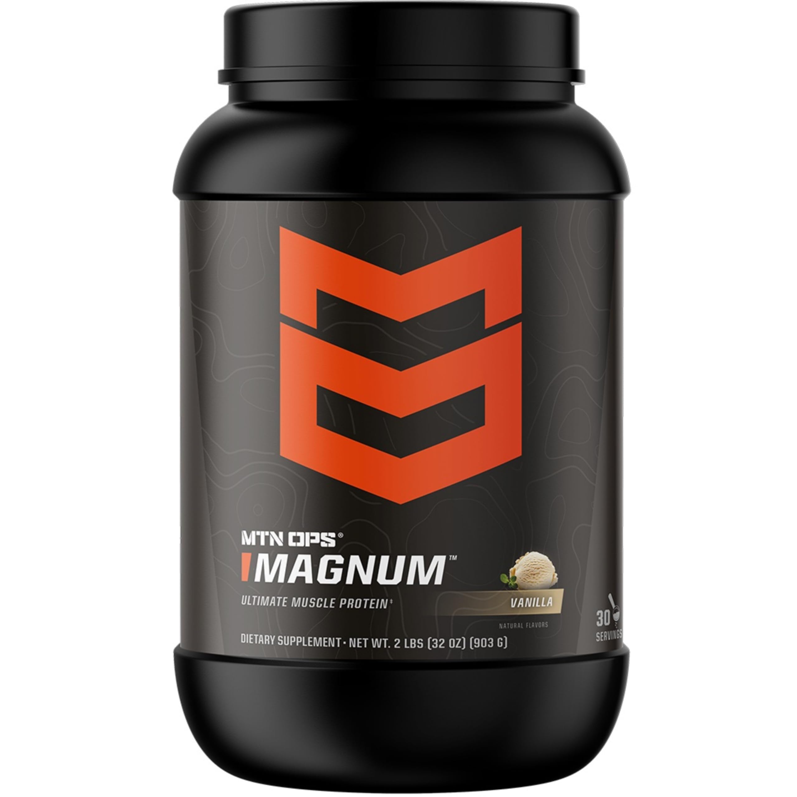 MTN OPS Magnum Vanilla protein powder bottle shows premium protein blend for recovery.
