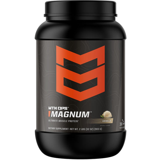 MTN OPS Magnum Vanilla protein powder bottle shows premium protein blend for recovery.