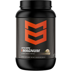 MTN OPS Magnum Vanilla protein powder bottle shows premium protein blend for recovery.