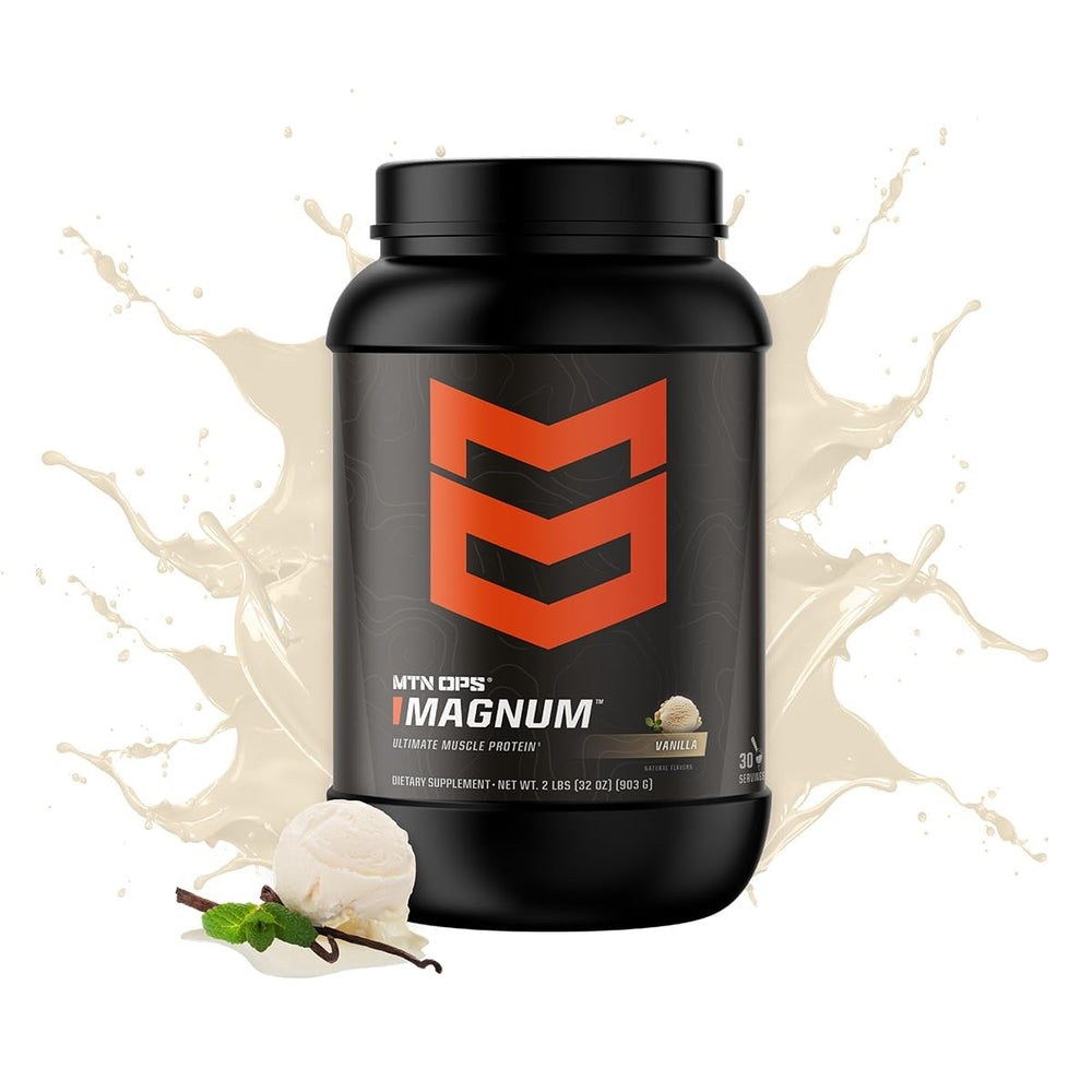 MTN OPS Magnum Vanilla scoop beside bottle highlights fast and slow-release proteins.