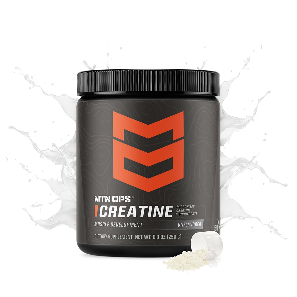 MTN OPS micronized creatine powder scoop for precise pre- or post‑workout fueling.
