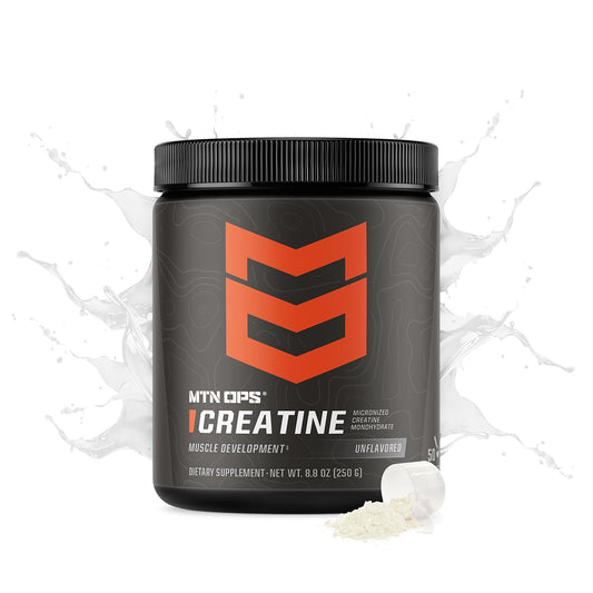 MTN OPS micronized creatine powder scoop for precise pre- or post‑workout fueling.