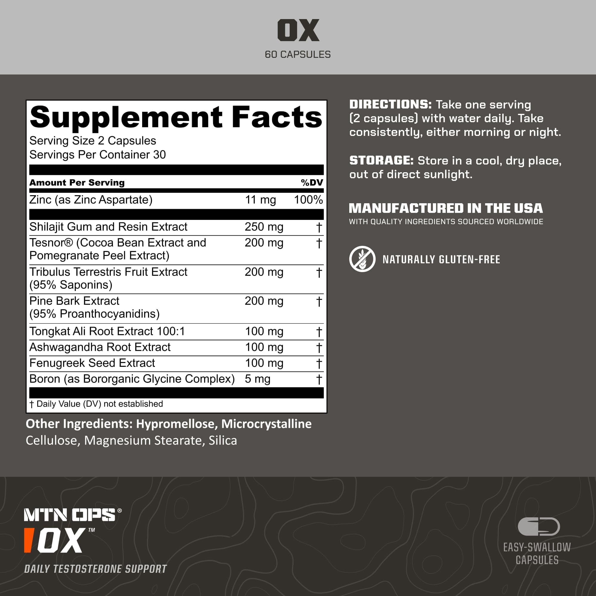 MTN OPS Ox Daytime bottle label highlighting natural ingredients for men's wellness and daily energy