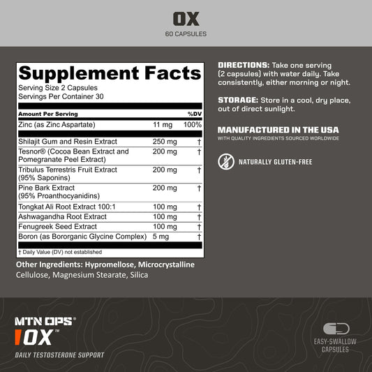 MTN OPS Ox Daytime bottle label highlighting natural ingredients for men's wellness and daily energy