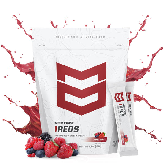 MTN OPS Reds fruit phytonutrient blend in a refreshing glass
