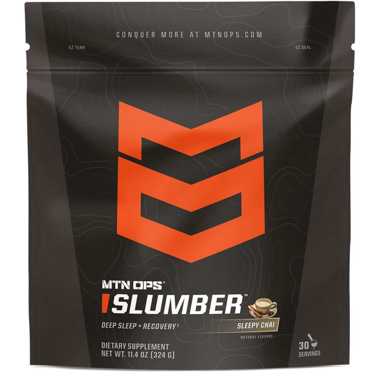MTN OPS Slumber bottle closeup highlights a sleep support blend for nighttime recovery.