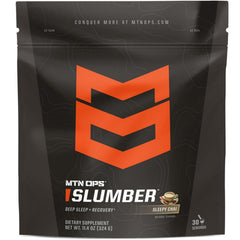 MTN OPS Slumber bottle closeup highlights a sleep support blend for nighttime recovery.