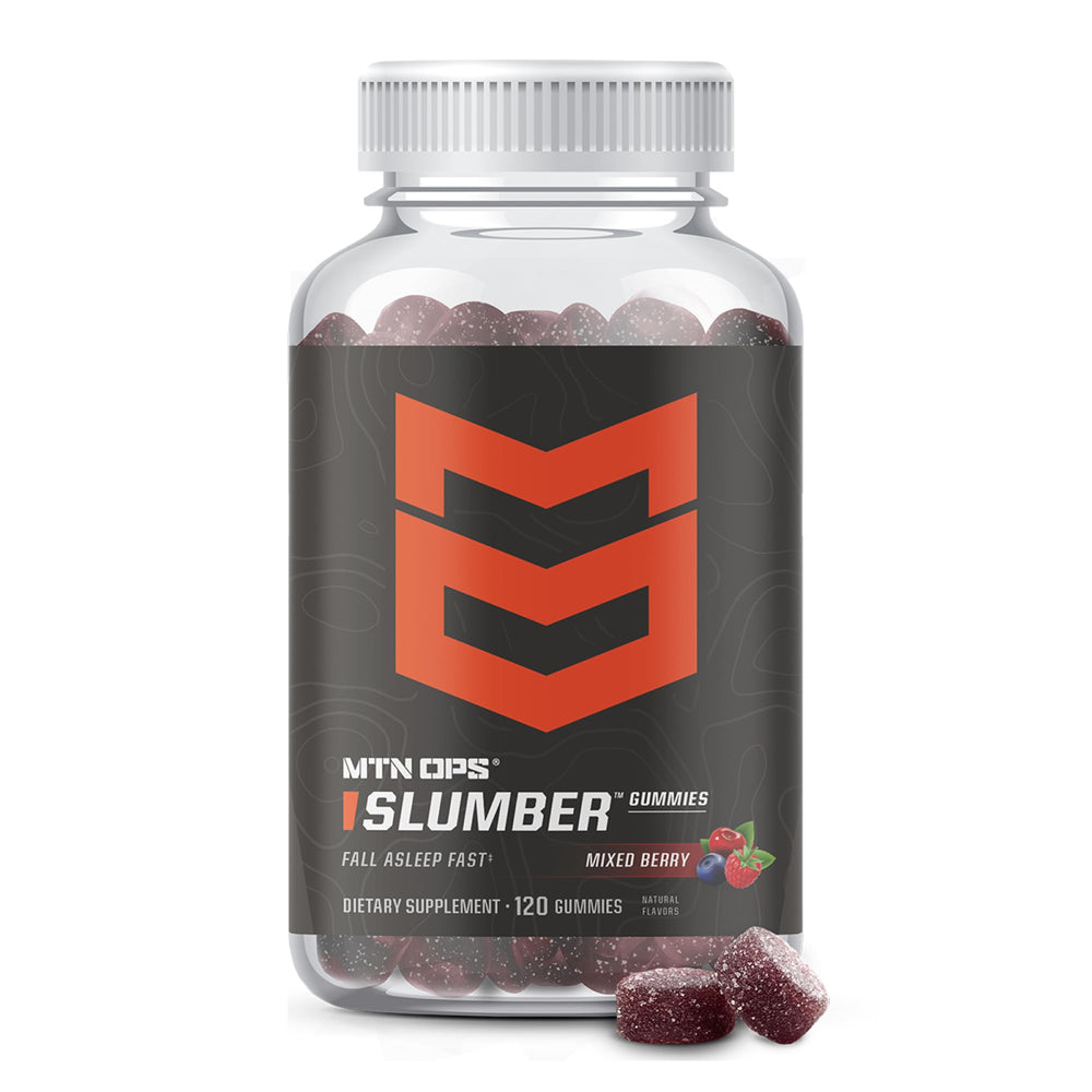 MTN OPS Slumber gummies bottle close-up highlighting convenient sleep support.