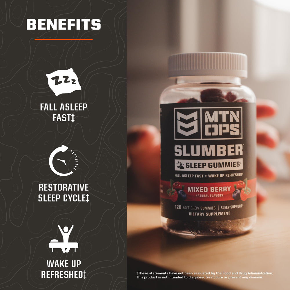 MTN OPS Slumber gummies jar front showcases easy-to-take sleep aid.