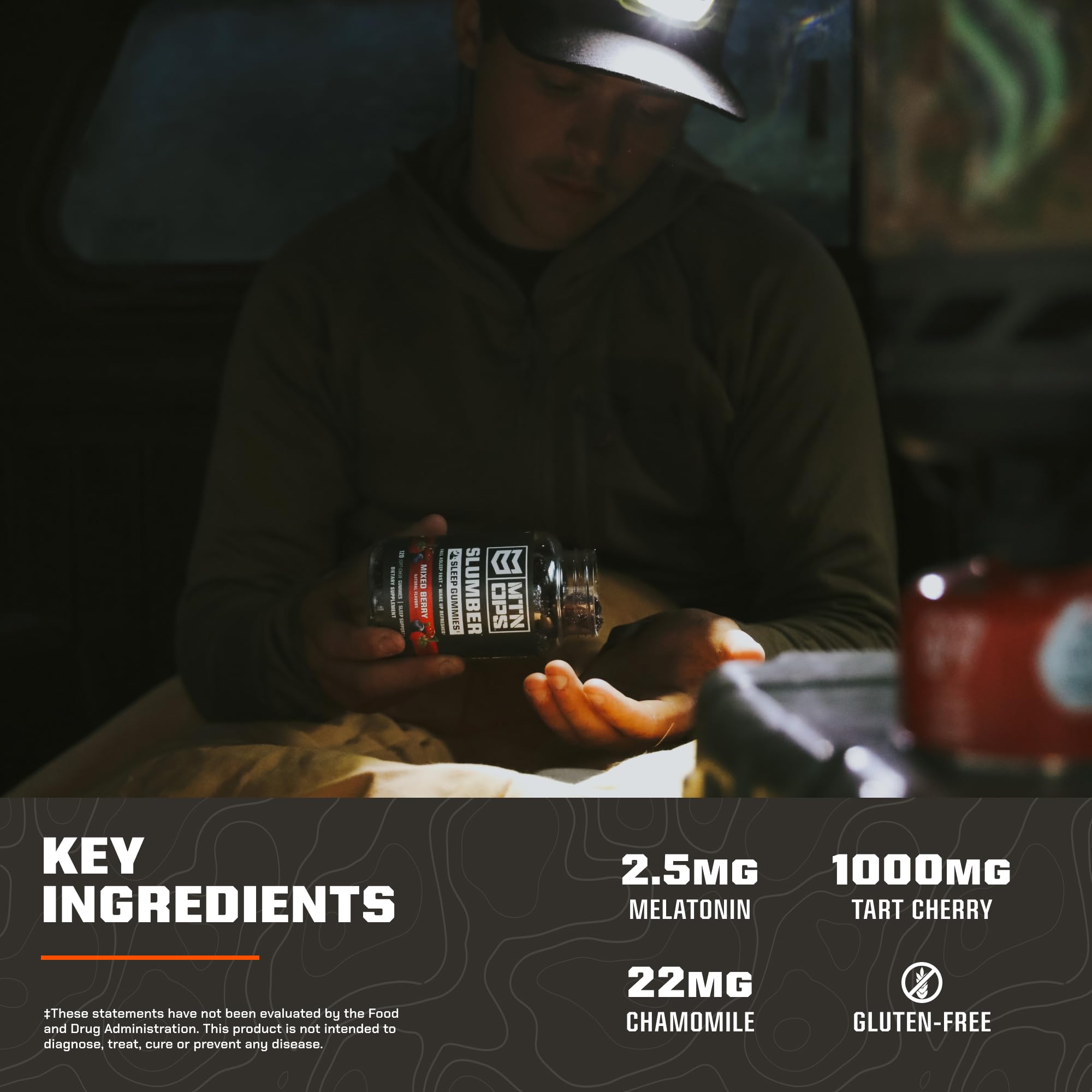 MTN OPS Slumber gummies label detail emphasizes melatonin and natural botanicals.