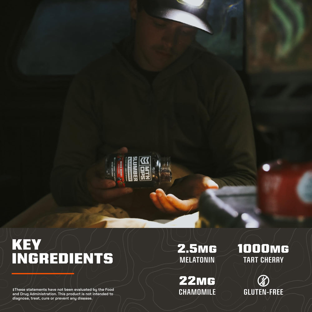 MTN OPS Slumber gummies label detail emphasizes melatonin and natural botanicals.