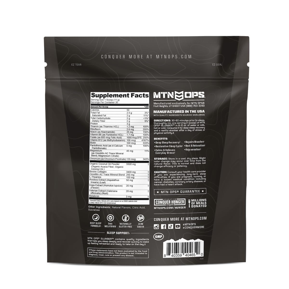 MTN OPS Slumber label with ingredients chart for nightly use.