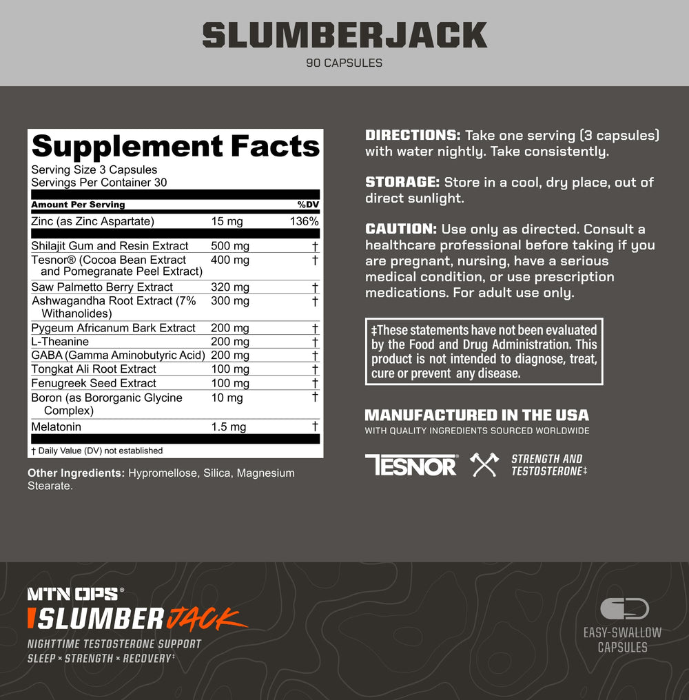 MTN OPS Slumber Jack bottle-back label highlights sleep-support ingredients.