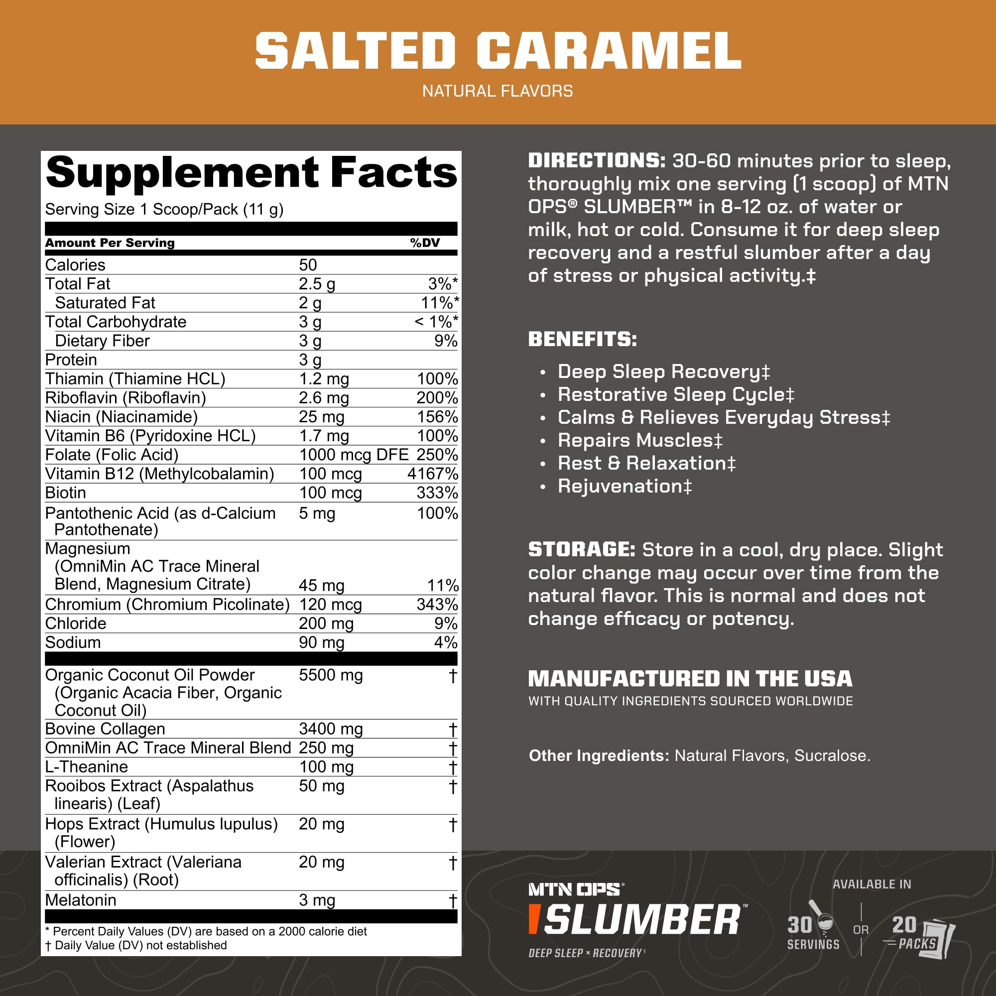 Close-up of MTN OPS Slumber packaging highlighting the Sleepy Salted Caramel flavor