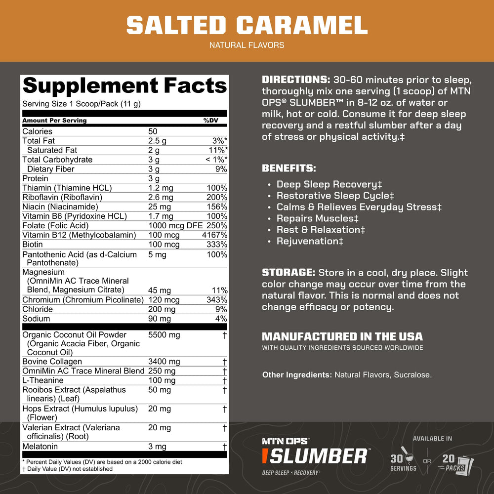 Close-up of MTN OPS Slumber packaging highlighting the Sleepy Salted Caramel flavor