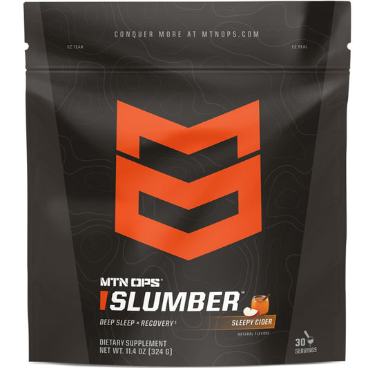MTN OPS Slumber powder tub front showing sleep support formula for workouts.