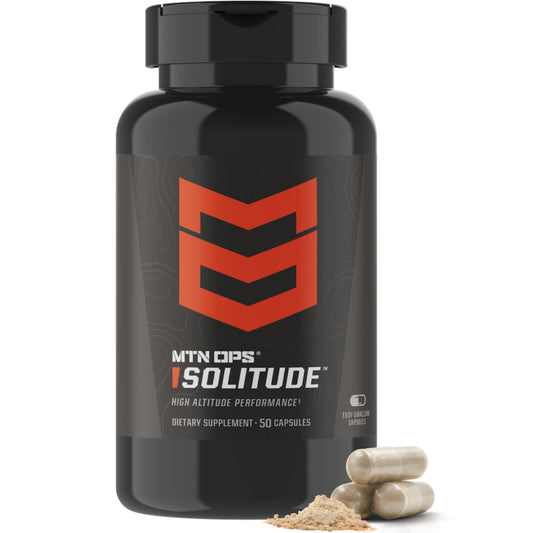 MTN OPS Solitude bottle front, highlighting altitude support for high-elevation performance.