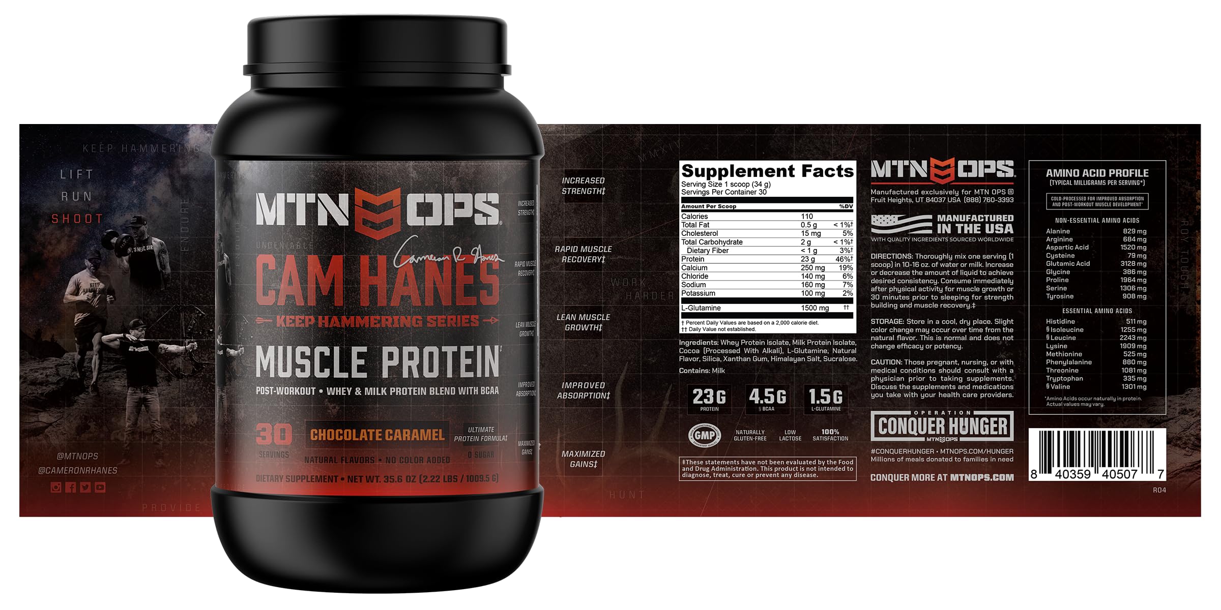 Close-up MTN OPS bottle with chocolate caramel flavor label