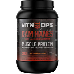 MTN OPS Cameron Hanes whey protein tub label shows blend of whey isolate and concentrate