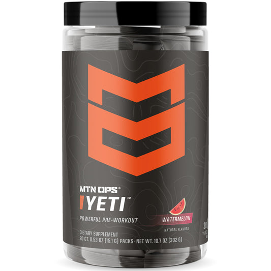 MTN OPS Yeti On The Go pack front, travel-ready pre-workout energy
