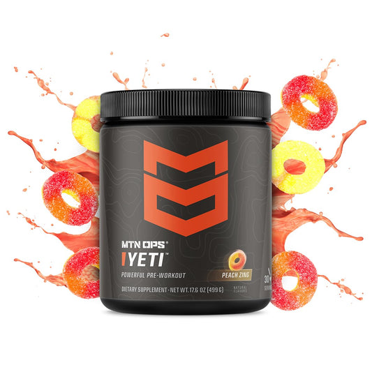 MTN OPS Yeti pre-workout scoop demonstrates portable serving for workouts.