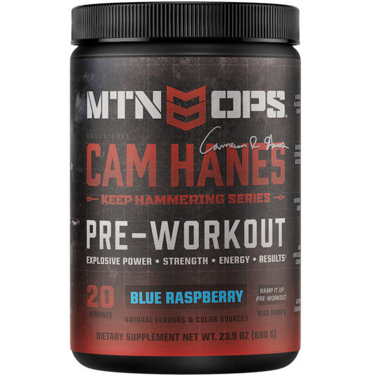 MTN OPS Yeti pre-workout bottle with blue raspberry flavor for clean energy during training